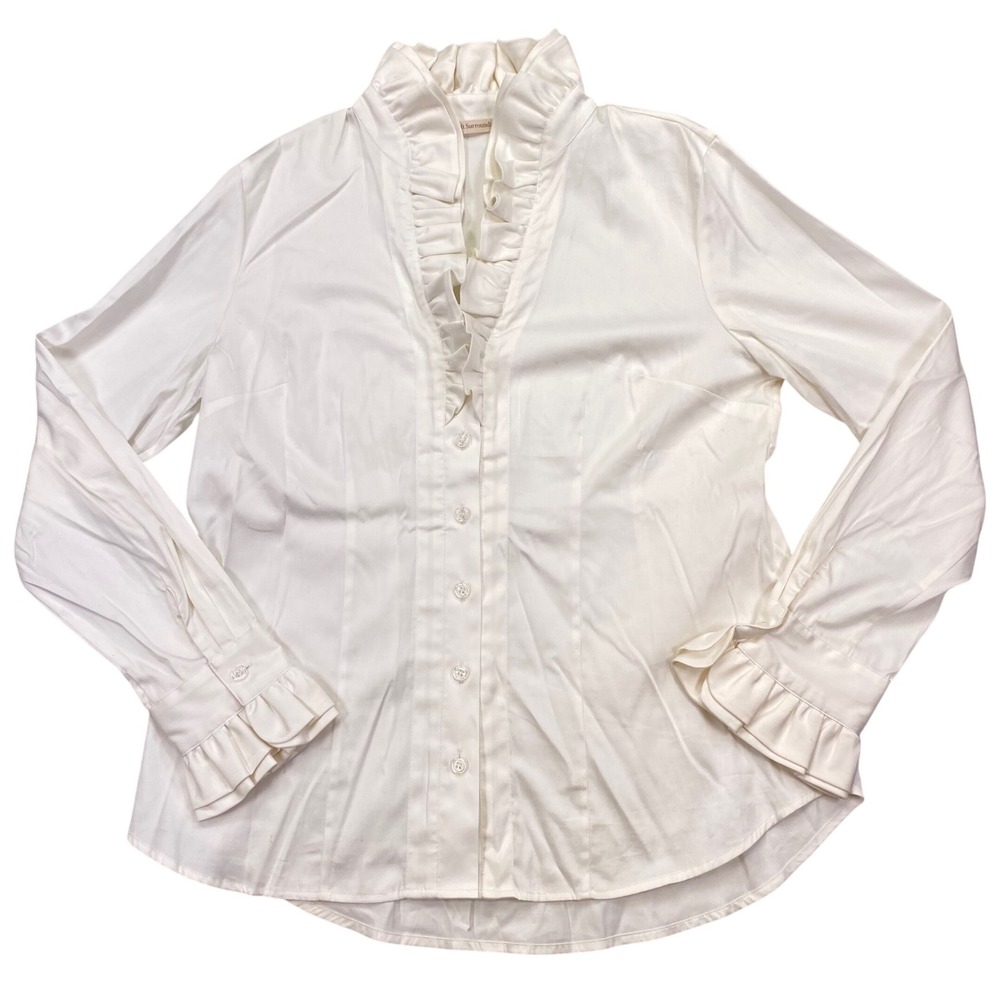 Soft Surroundings Blouse Womens M White Ruffle Neck Cuffs Cotton 2AR77